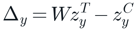 Delta y equals W times the T5 embedding minus the CLIP embedding